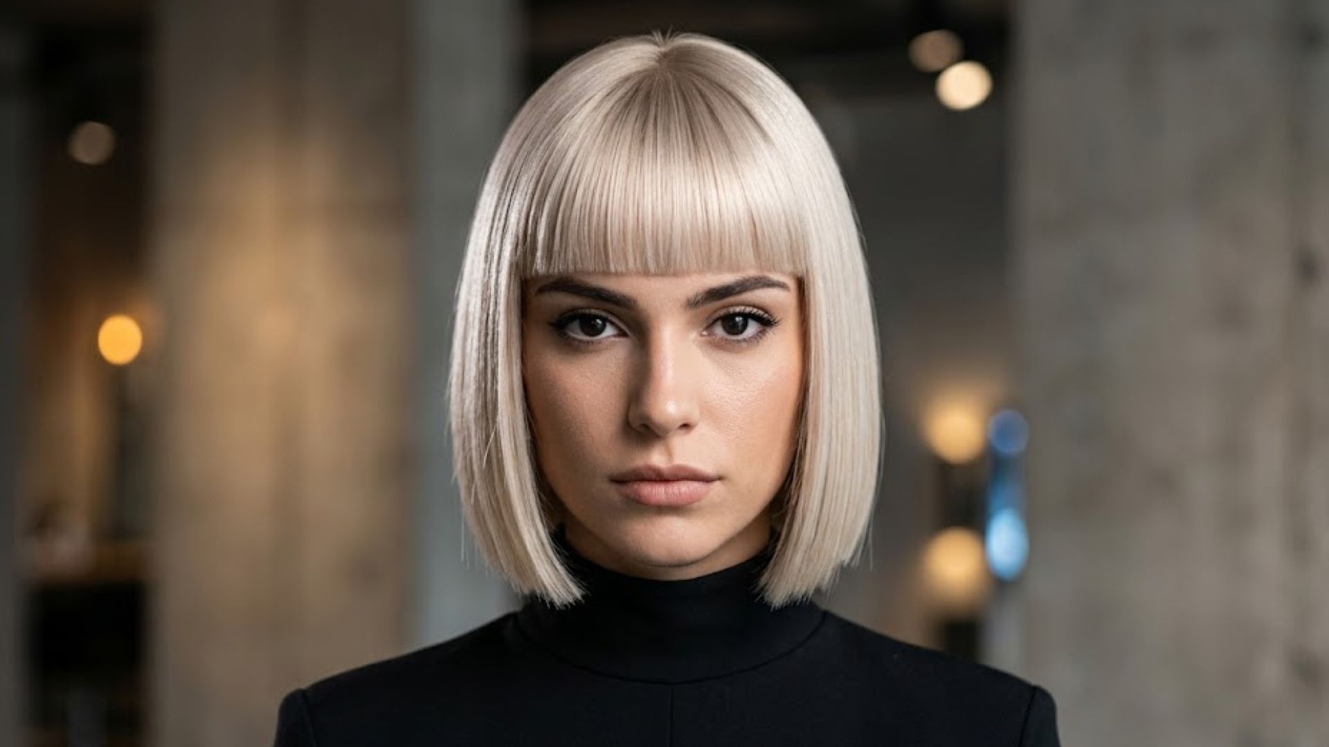 Primo piano iper-realistico di una modella con taglio Sharp Fringe millimetrico e colore biondo perla, con sguardo intenso e sfondo studio professionale.