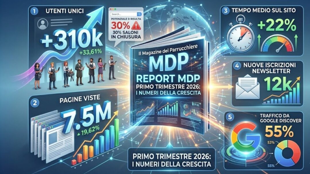 Infografica professionale del report Q1 2026 de Il Magazine del Parrucchiere con grafici di crescita, dati su utenti unici, pagine viste e l'impatto di Google Discover.