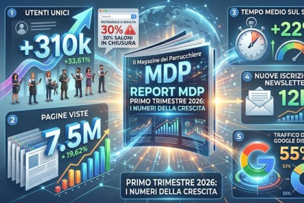 Infografica professionale del report Q1 2026 de Il Magazine del Parrucchiere con grafici di crescita, dati su utenti unici, pagine viste e l'impatto di Google Discover.