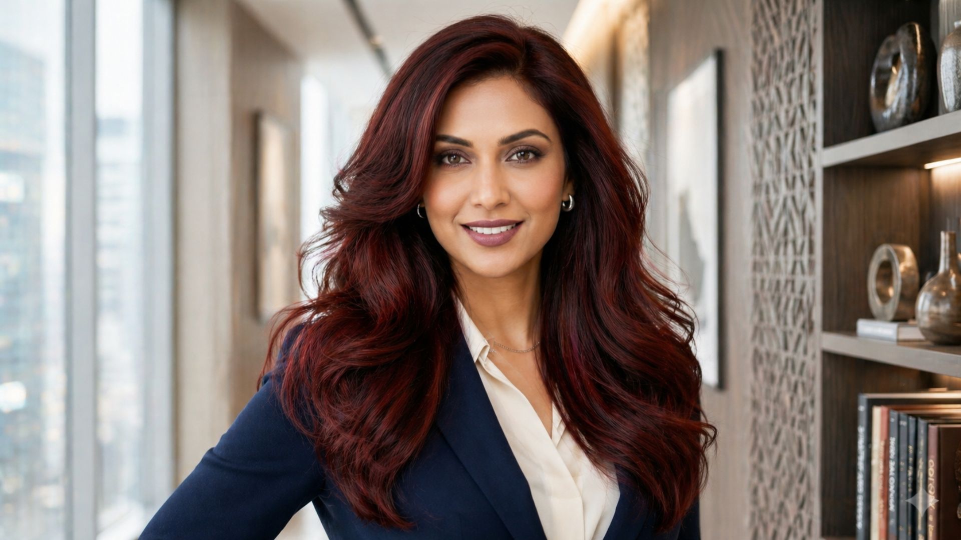 Ritratto di una donna in ambiente professionale con capelli lunghi voluminosi, taglio Butterfly Cut e colorazione Burgundy Cherry Cola.