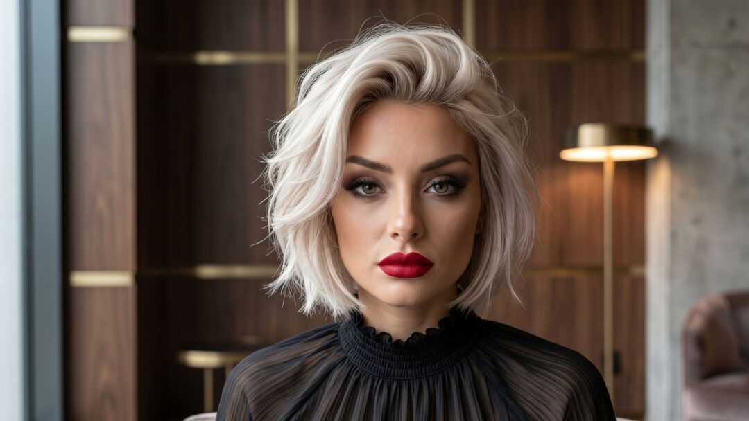 Un ritratto ravvicinato di una donna con un taglio bob corto e mosso biondo icy champagne. Ha occhi verdi, un drammatico trucco smoky eye, labbra rosse intense opache e indossa una blusa nera a collo alto arricciata. L'ambiente è un salone lussuoso con pareti in legno scuro, accenti dorati e una lampada moderna.