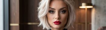 Un ritratto ravvicinato di una donna con un taglio bob corto e mosso biondo icy champagne. Ha occhi verdi, un drammatico trucco smoky eye, labbra rosse intense opache e indossa una blusa nera a collo alto arricciata. L'ambiente è un salone lussuoso con pareti in legno scuro, accenti dorati e una lampada moderna.