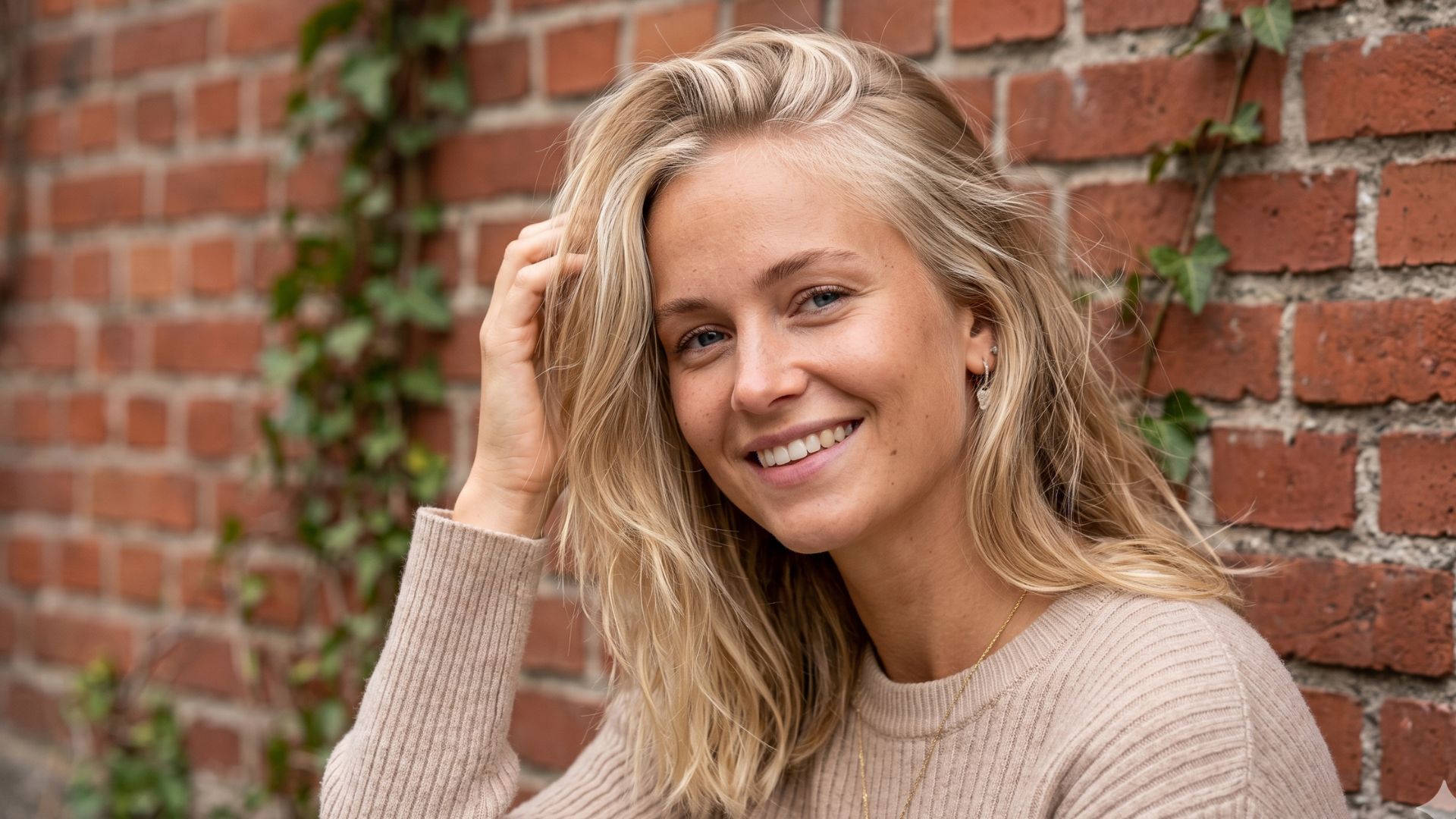 Primo piano di una modella con tecnica Scandinavian Hairline su capelli biondi, posa naturale davanti a un muro di mattoni rossi.