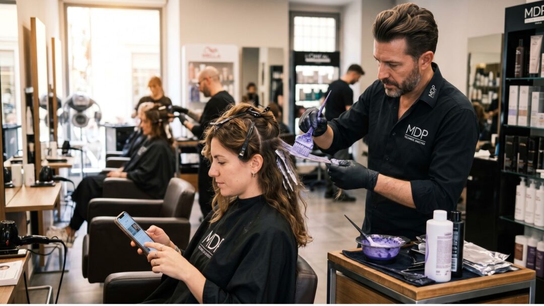 Un parrucchiere uomo con guanti neri e maglia nera MDP applica tinta viola a sezioni di capelli di una cliente seduta, che sta guardando il suo smartphone. L'azione avviene in un salone moderno con postazioni di lavoro, specchi e scaffali di prodotti di marca visibili.