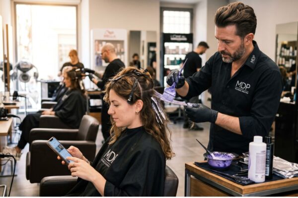 Un parrucchiere uomo con guanti neri e maglia nera MDP applica tinta viola a sezioni di capelli di una cliente seduta, che sta guardando il suo smartphone. L'azione avviene in un salone moderno con postazioni di lavoro, specchi e scaffali di prodotti di marca visibili.