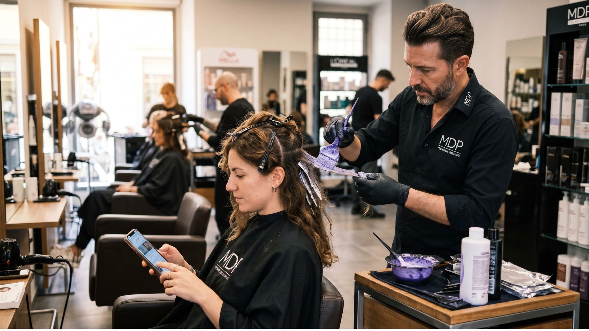 Un parrucchiere uomo con guanti neri e maglia nera MDP applica tinta viola a sezioni di capelli di una cliente seduta, che sta guardando il suo smartphone. L'azione avviene in un salone moderno con postazioni di lavoro, specchi e scaffali di prodotti di marca visibili.