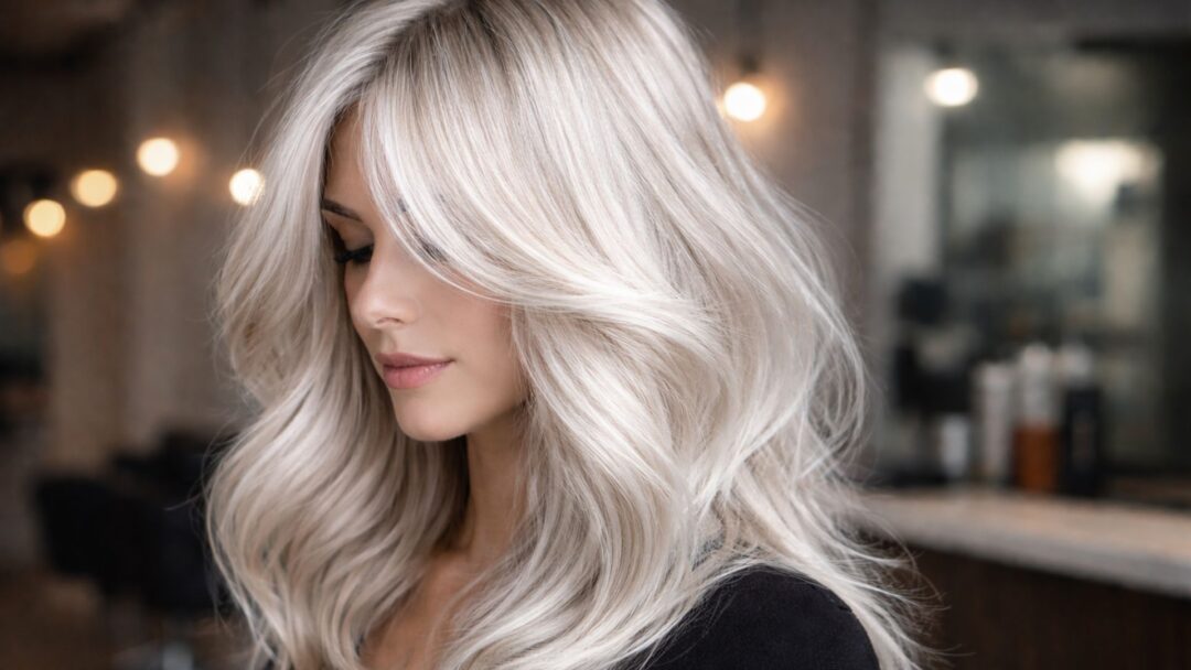Donna con capelli icy champagne, biondo freddo con riflessi perlage, styling lungo e scalato con volume morbido e ciocche frontali avvolgenti su sfondo neutro.