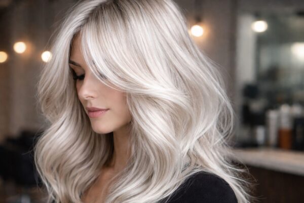 Donna con capelli icy champagne, biondo freddo con riflessi perlage, styling lungo e scalato con volume morbido e ciocche frontali avvolgenti su sfondo neutro.