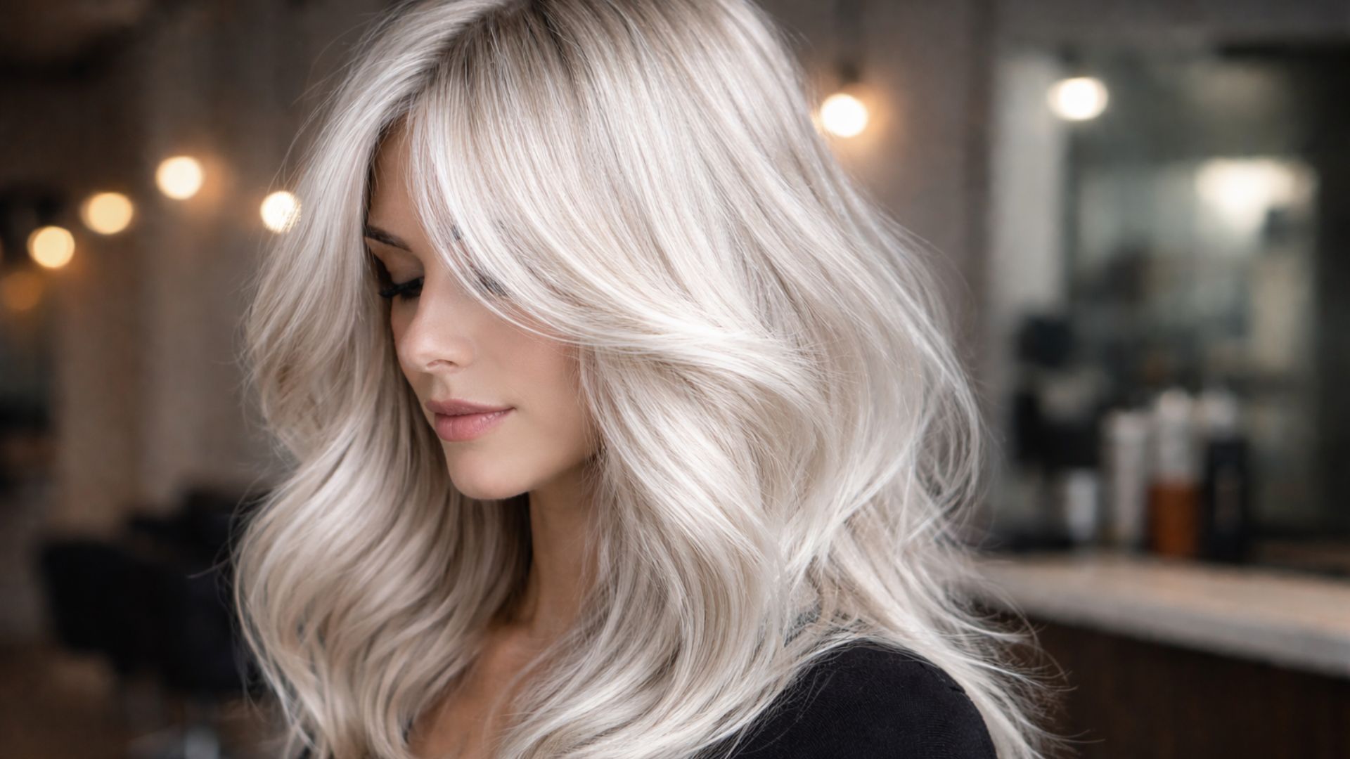 Donna con capelli icy champagne, biondo freddo con riflessi perlage, styling lungo e scalato con volume morbido e ciocche frontali avvolgenti su sfondo neutro.