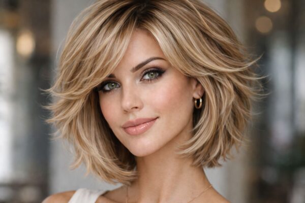 Ritratto ravvicinato di una donna con un taglio di capelli "feathered bob" biondo, voluminoso e sfilato, con frangia laterale e punte rivolte verso l'esterno. Ha occhi verdi e indossa un orecchino a cerchio d'oro e una sottile collana d'oro, su uno sfondo di interni sfocato.