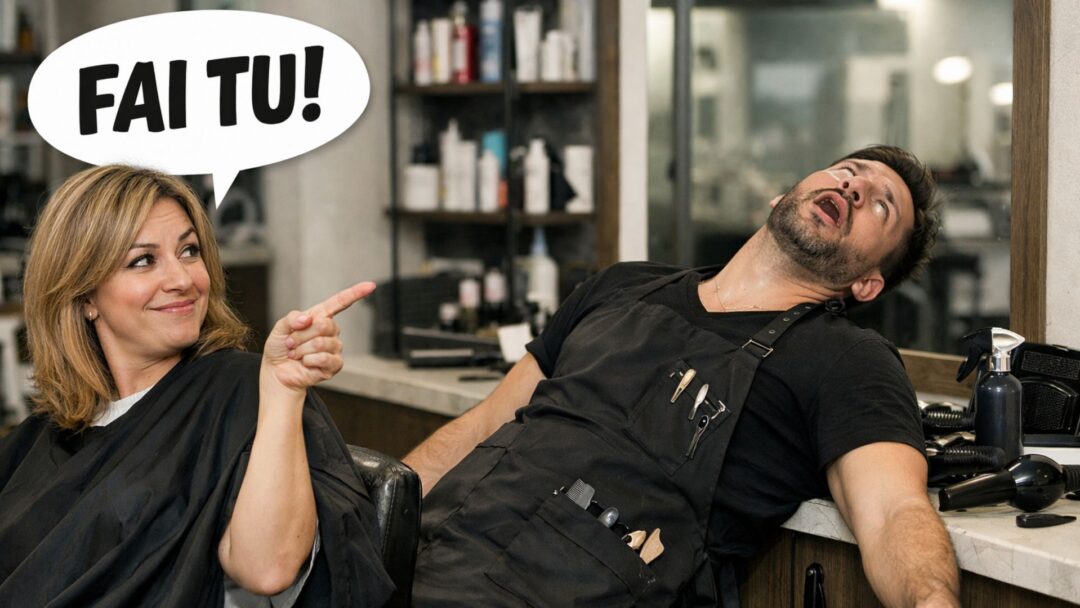 Una foto iper-realistica e divertente in un salone di parrucchiere. Una cliente sorridente con mantellina da taglio indica con un dito. Sopra di lei, un fumetto con testo 'FAI TU!' (Fai tu!). Di fronte a lei, un parrucchiere maschio con grembiule appare svenuto, crollato all'indietro con la testa appoggiata al bancone, la bocca aperta e gli occhi chiusi per la drammaticità della richiesta. Il salone è pieno di prodotti e attrezzi.