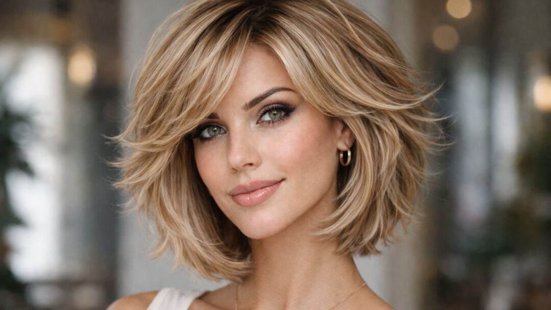 Close-up portrait of a woman with a soft feathered bob haircut, warm blonde highlights, side-swept layers, and a natural elegant look.