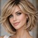 Close-up portrait of a woman with a soft feathered bob haircut, warm blonde highlights, side-swept layers, and a natural elegant look.