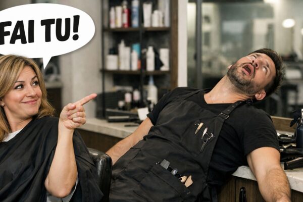 Una foto iper-realistica e divertente in un salone di parrucchiere. Una cliente sorridente con mantellina da taglio indica con un dito. Sopra di lei, un fumetto con testo 'FAI TU!' (Fai tu!). Di fronte a lei, un parrucchiere maschio con grembiule appare svenuto, crollato all'indietro con la testa appoggiata al bancone, la bocca aperta e gli occhi chiusi per la drammaticità della richiesta. Il salone è pieno di prodotti e attrezzi.