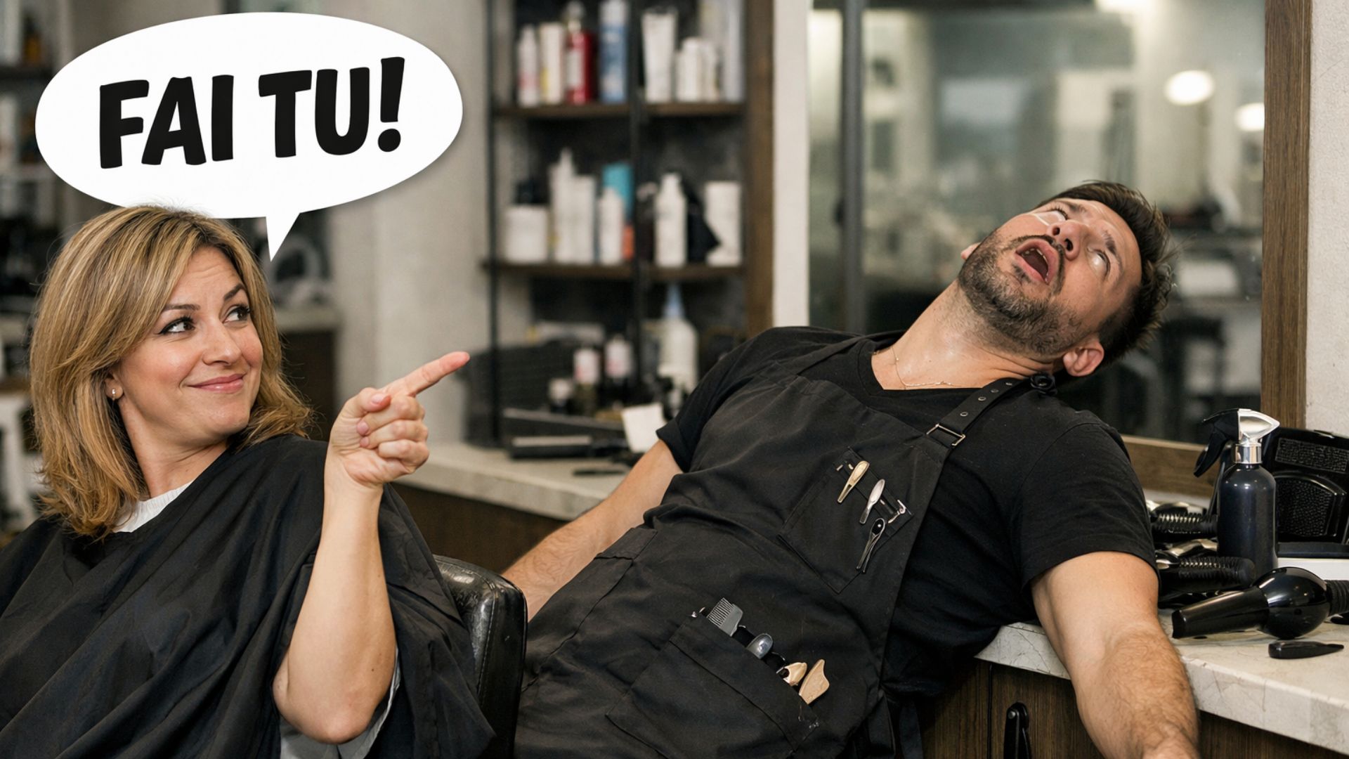 Una foto iper-realistica e divertente in un salone di parrucchiere. Una cliente sorridente con mantellina da taglio indica con un dito. Sopra di lei, un fumetto con testo 'FAI TU!' (Fai tu!). Di fronte a lei, un parrucchiere maschio con grembiule appare svenuto, crollato all'indietro con la testa appoggiata al bancone, la bocca aperta e gli occhi chiusi per la drammaticità della richiesta. Il salone è pieno di prodotti e attrezzi.