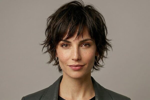 Modella con taglio Pixie Shaggy castano scuro, stile materico e scalato, tendenza capelli 2026.