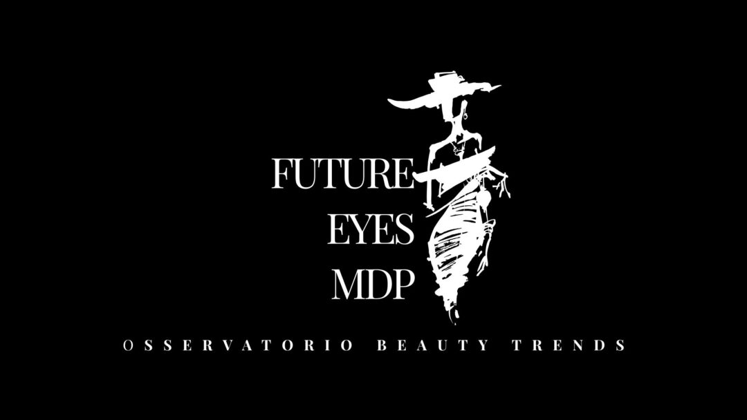 Logo Future-Eyes MDP Osservatorio Beauty Trends con illustrazione fashion stilizzata su sfondo nero.