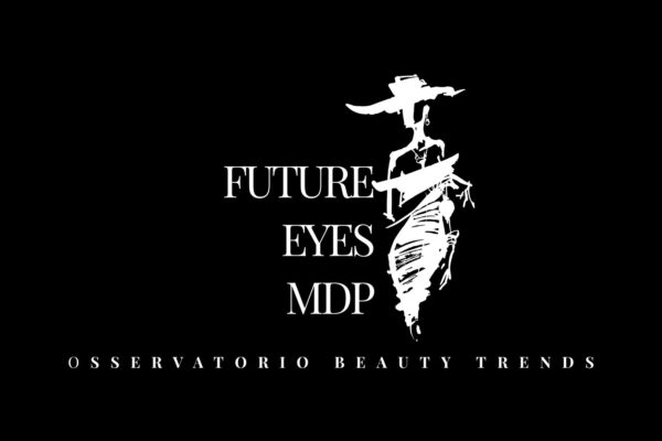 Logo Future-Eyes MDP Osservatorio Beauty Trends con illustrazione fashion stilizzata su sfondo nero.