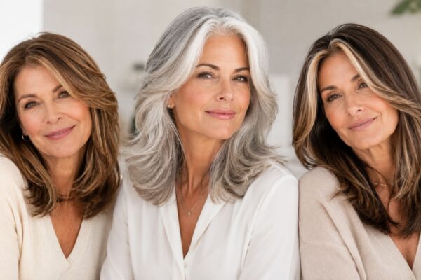 Three women over 50 with hair enhanced by warm tones, oyster grey and luminous face-framing highlights.