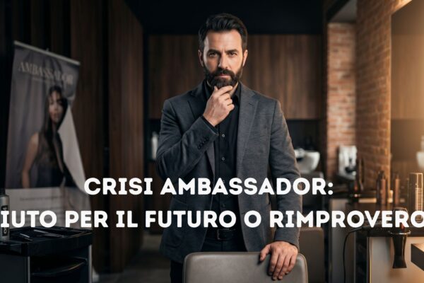 Un uomo barbuto e pensoso in giacca grigia e camicia nera all'interno di un moderno salone di parrucchiere. Un testo sovrapposto grande e bianco al centro recita: "CRISI AMBASSADOR: AIUTO PER IL FUTURO O RIMPROVERO?".