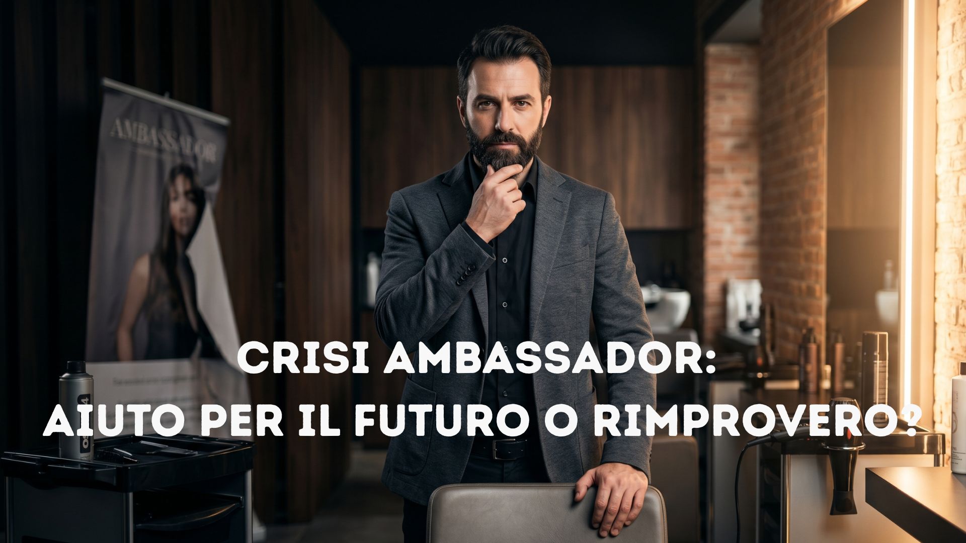 Un uomo barbuto e pensoso in giacca grigia e camicia nera all'interno di un moderno salone di parrucchiere. Un testo sovrapposto grande e bianco al centro recita: "CRISI AMBASSADOR: AIUTO PER IL FUTURO O RIMPROVERO?".