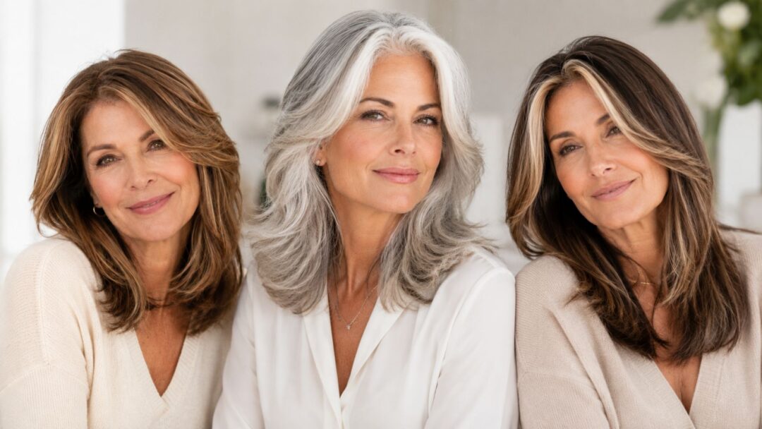 Tre donne over 50 con capelli valorizzati da tonalità calde, oyster grey e face framing luminoso.