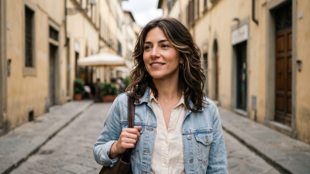 Una donna con capelli castani di media lunghezza e onde morbide, che presentano schiariture bionde e posizionate strategicamente intorno al viso (tecnica Hair Contour 3.0), cammina sorridendo in una strada acciottolata italiana. Indossa una giacca di jeans e una borsa marrone a tracolla.