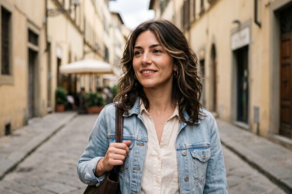 Una donna con capelli castani di media lunghezza e onde morbide, che presentano schiariture bionde e posizionate strategicamente intorno al viso (tecnica Hair Contour 3.0), cammina sorridendo in una strada acciottolata italiana. Indossa una giacca di jeans e una borsa marrone a tracolla.