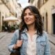 Una donna con capelli castani di media lunghezza e onde morbide, che presentano schiariture bionde e posizionate strategicamente intorno al viso (tecnica Hair Contour 3.0), cammina sorridendo in una strada acciottolata italiana. Indossa una giacca di jeans e una borsa marrone a tracolla.