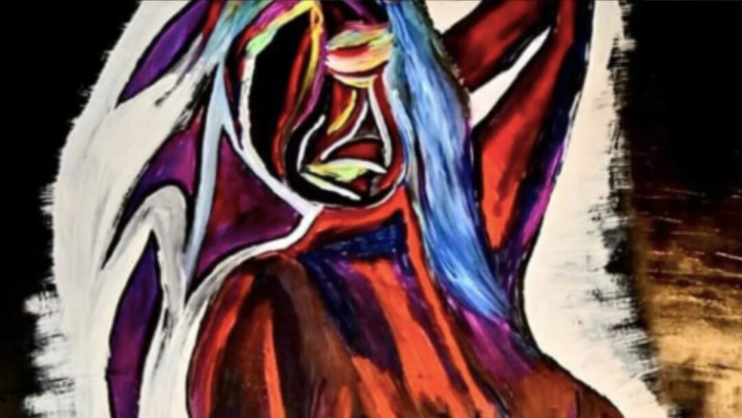 Dipinto espressionista testurizzato di una figura femminile stilizzata in posa passionale, con braccio sollevato e un volto frammentato. Capelli blu brillante e viola, corpo reso con rossi intensi e accenti metallici su fondo nero. Copertina dell'articolo "Arte e Bellezza nell'Hairstyling" di Max Randi per MDP.