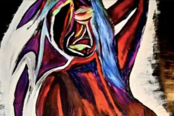 Dipinto espressionista testurizzato di una figura femminile stilizzata in posa passionale, con braccio sollevato e un volto frammentato. Capelli blu brillante e viola, corpo reso con rossi intensi e accenti metallici su fondo nero. Copertina dell'articolo "Arte e Bellezza nell'Hairstyling" di Max Randi per MDP.