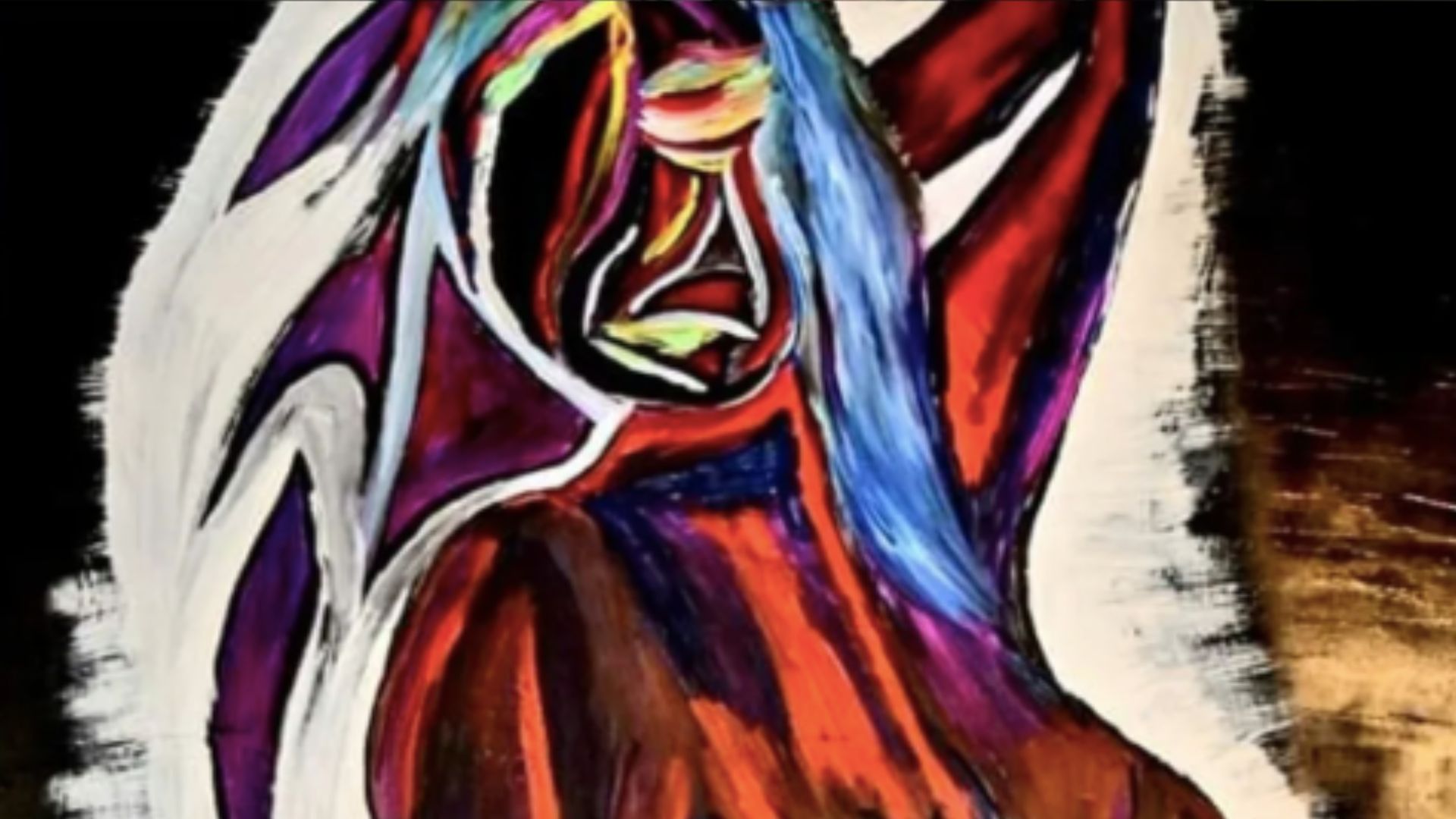 Dipinto espressionista testurizzato di una figura femminile stilizzata in posa passionale, con braccio sollevato e un volto frammentato. Capelli blu brillante e viola, corpo reso con rossi intensi e accenti metallici su fondo nero. Copertina dell'articolo "Arte e Bellezza nell'Hairstyling" di Max Randi per MDP.