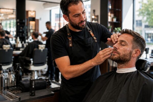 Barbiere professionista applica un trattamento viso a un cliente in un barber shop moderno, con prodotto BB Skill sul banco.