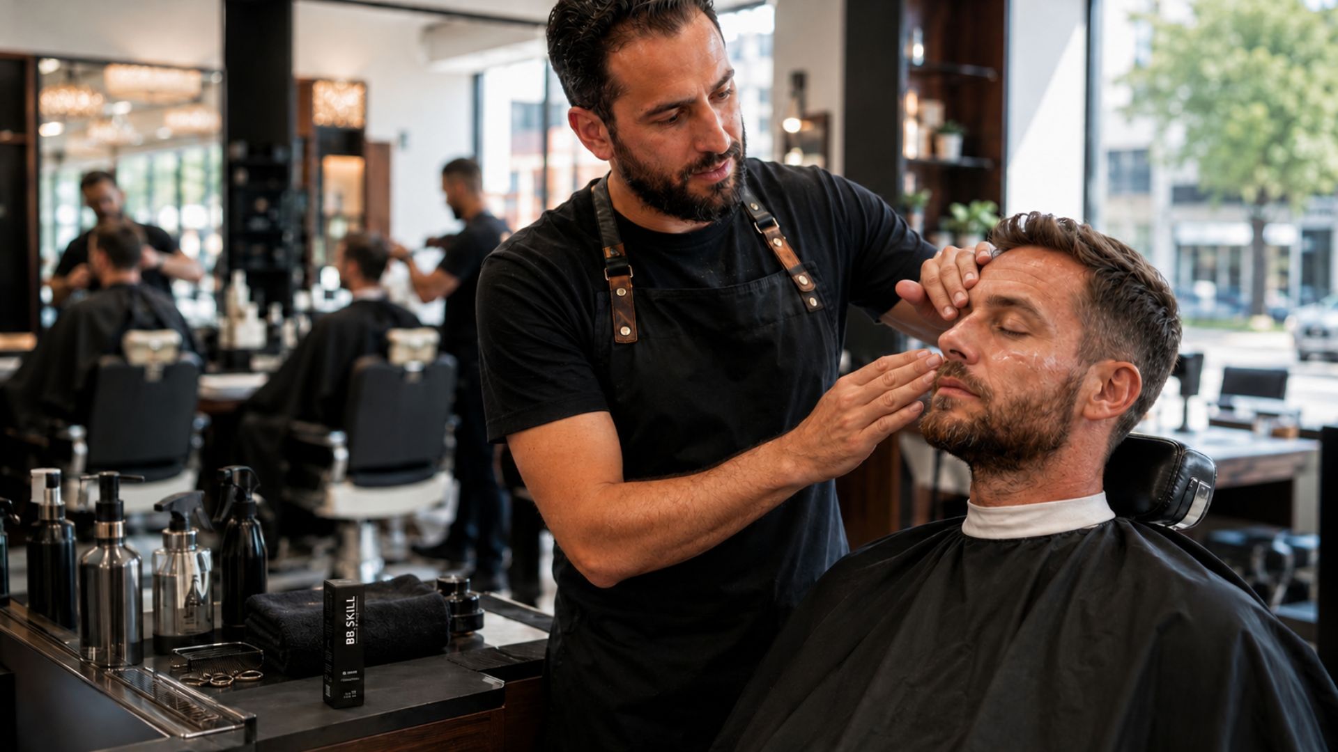 Barbiere professionista applica un trattamento viso a un cliente in un barber shop moderno, con prodotto BB Skill sul banco.