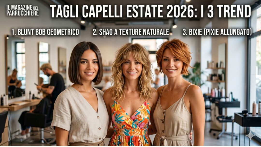 Tre modelle all'interno di un salone di parrucchiere moderno che mostrano i tre tagli di capelli di tendenza per l'estate 2026: un Blunt Bob geometrico castano, uno Shag biondo con texture naturale e un Bixie ramato (pixie allungato).