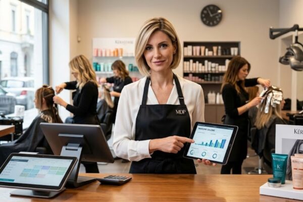 Professional hairstylist in a modern, elegant salon showing a digital tablet with a clear financial chart titled "SALON MARGIN" demonstrating growth trends.