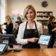 Professional hairstylist in a modern, elegant salon showing a digital tablet with a clear financial chart titled "SALON MARGIN" demonstrating growth trends.