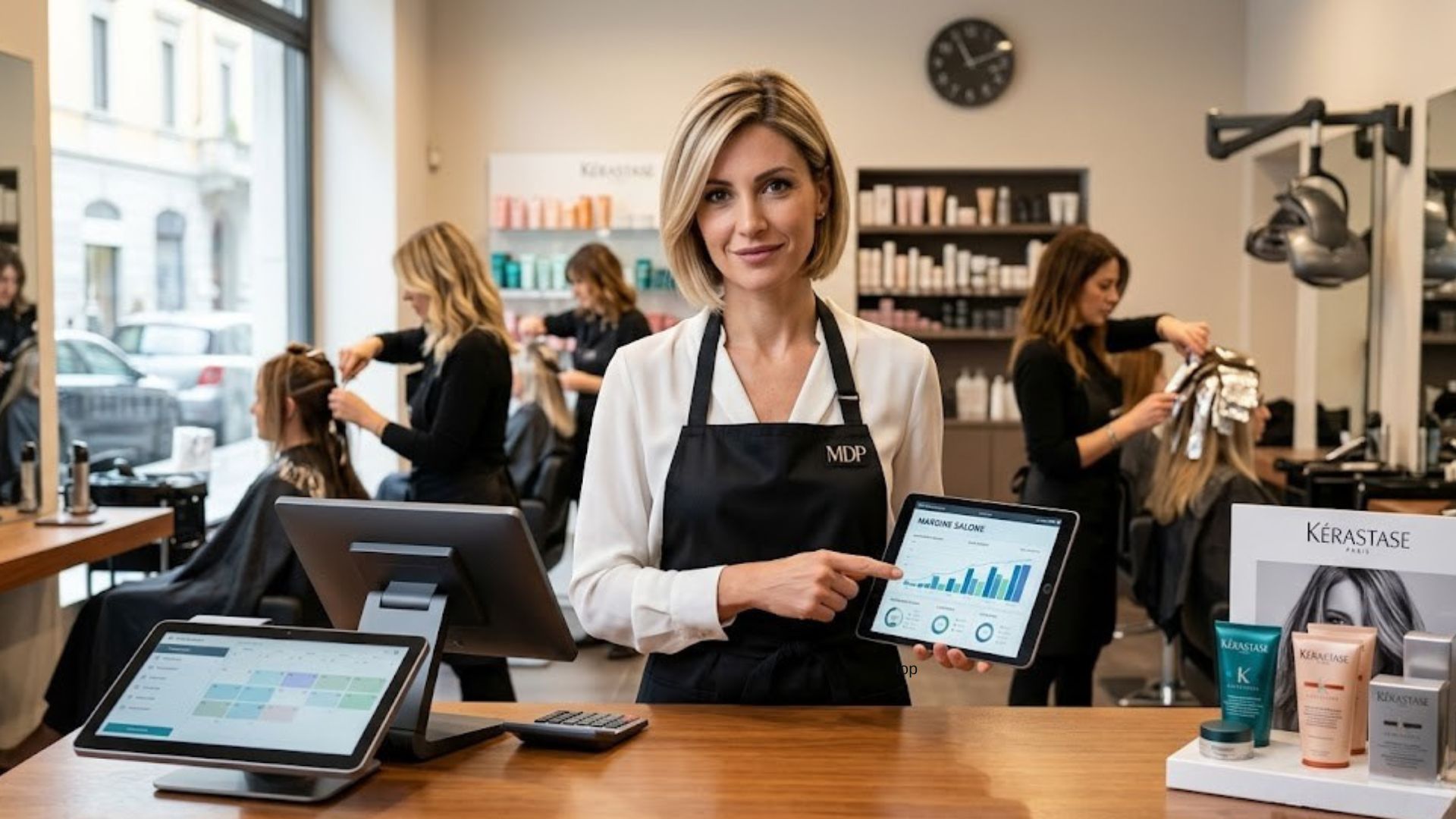 Hairstylist professionista in un salone moderno mostra un tablet con grafico di crescita dei profitti aziendali e margini del salone.
