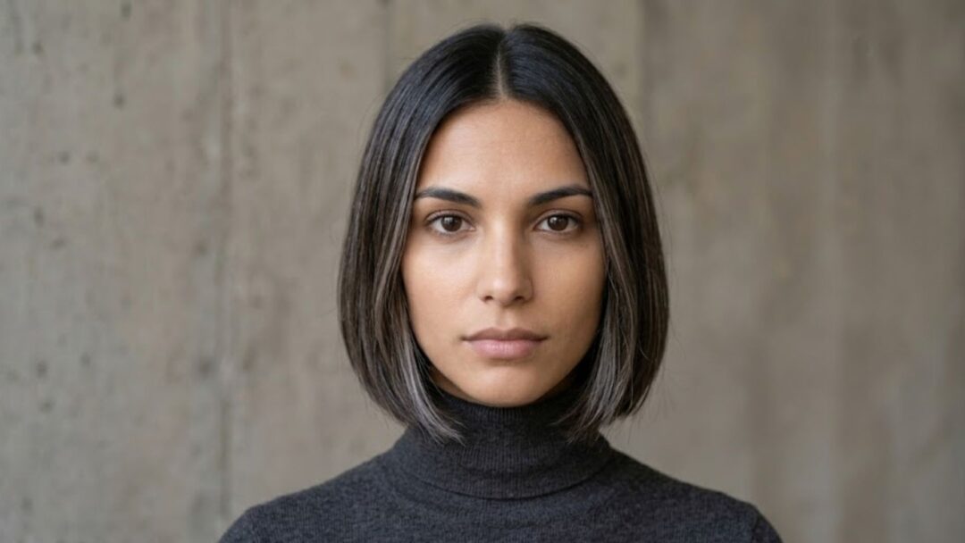 Front-facing half-length photographic portrait of a contemporary woman with a dark bob haircut featuring distinct grey and silver highlights, wearing a dark grey turtleneck, against a textured concrete wall.