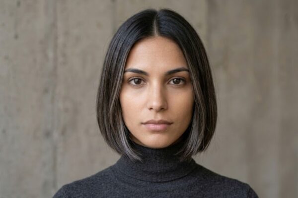 Front-facing half-length photographic portrait of a contemporary woman with a dark bob haircut featuring distinct grey and silver highlights, wearing a dark grey turtleneck, against a textured concrete wall.