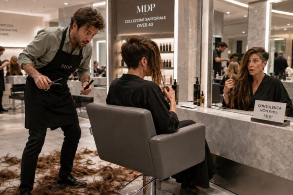 Parrucchiere nel panico dopo un taglio sbagliato mentre una cliente guarda sorpresa il risultato nello specchio di un salone MDP.
