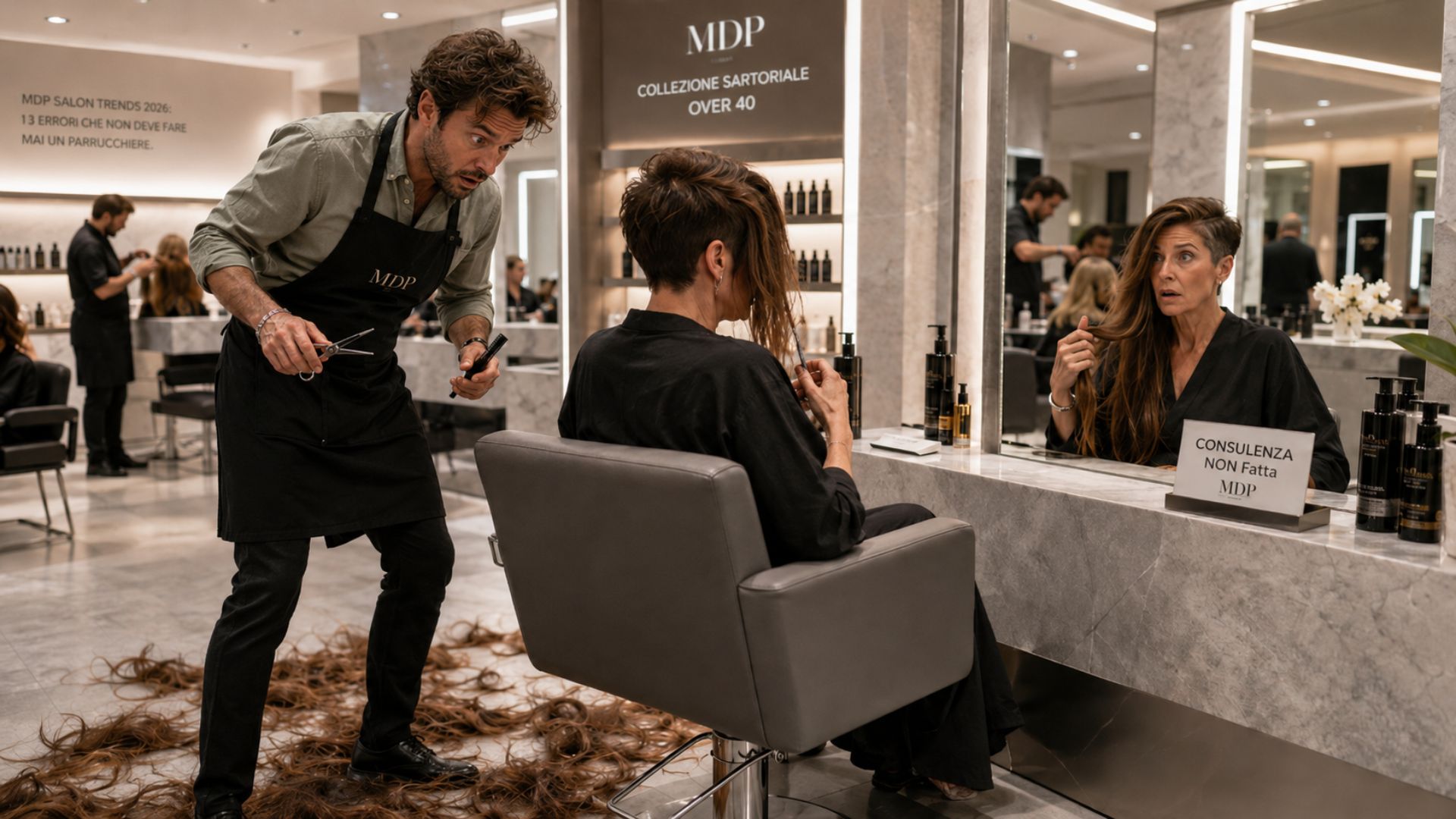 Parrucchiere nel panico dopo un taglio sbagliato mentre una cliente guarda sorpresa il risultato nello specchio di un salone MDP.