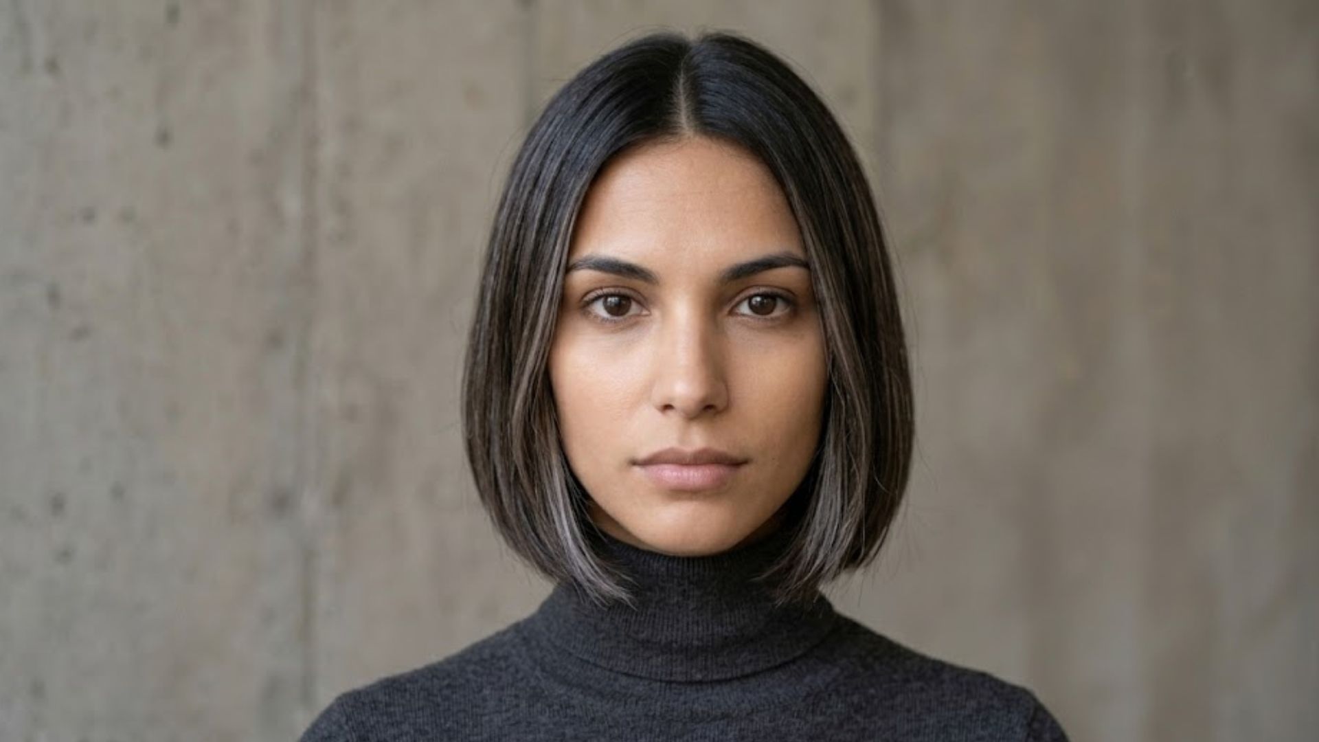 Ritratto fotografico frontale a mezzo busto di una donna contemporanea con capelli bob scuri striati di grigio, che indossa un dolcevita grigio scuro, contro un muro di cemento testurizzato.