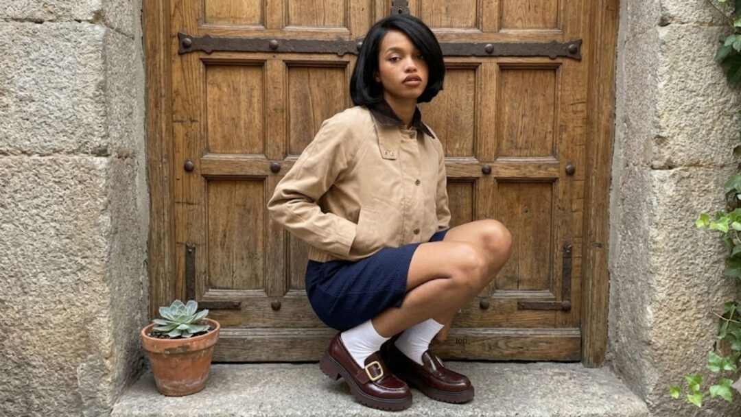 Una giovane donna con un taglio a caschetto nero è accovacciata su un gradino di pietra. Indossa una giacca beige stile bomber, una gonna blu scuro testurizzata, calzini bianchi e mocassini bordeaux chunky con fibbie dorate. Dietro di lei c'è un'imponente porta di legno antica e borchiata. A sinistra si vede una pianta succulenta in vaso.