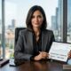 Sara, Beauty Advisor de Il Magazine del Parrucchiere, mostra su un tablet i dati analitici del traffico: 150.000 visualizzazioni mensili e target femminile alto-spendente.