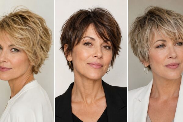 Tre esempi di tagli capelli bixie e pixie cut texturizzati su donne over 40 con diverse sfumature di biondo e castano.