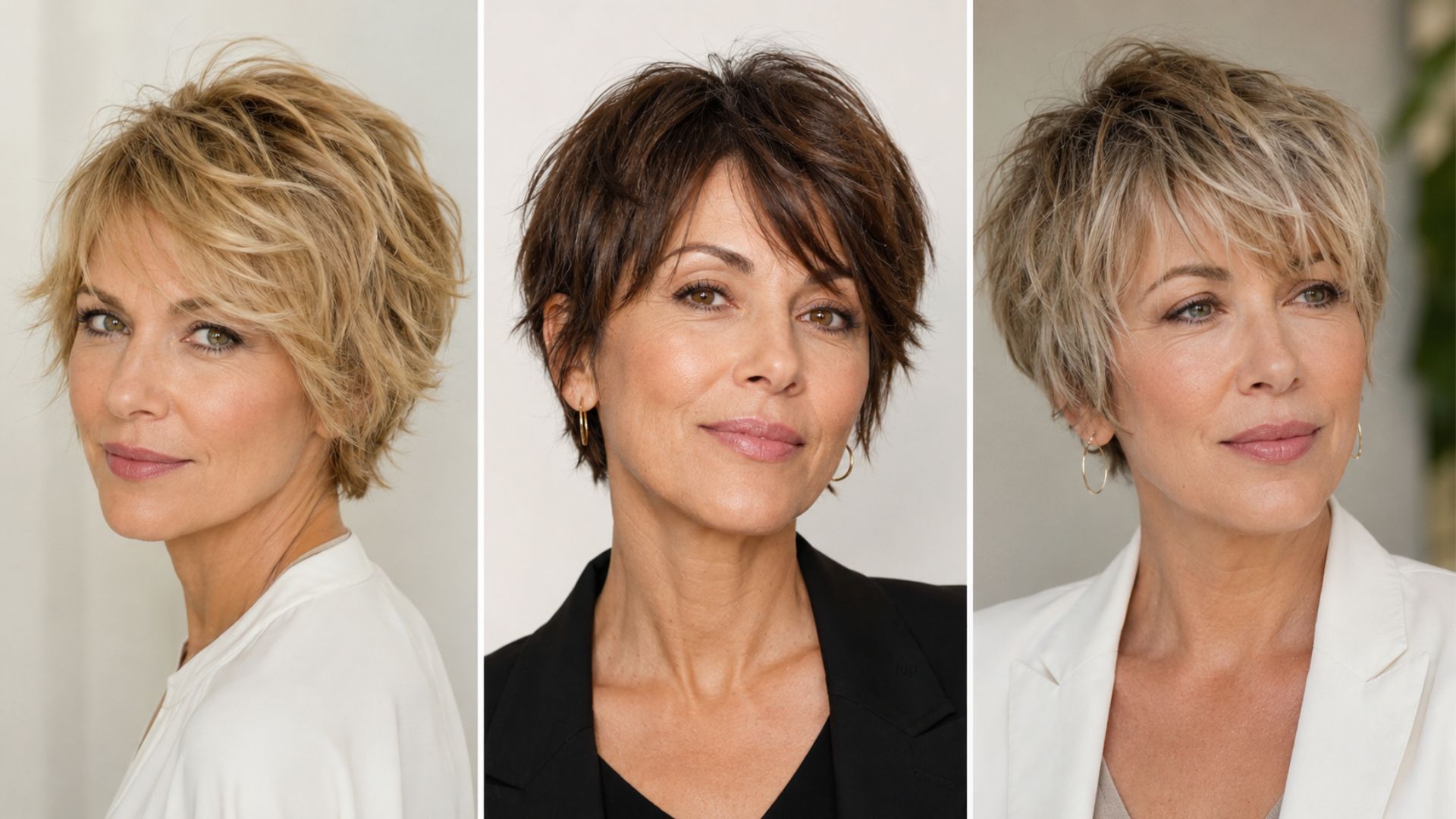Tre esempi di tagli capelli bixie e pixie cut texturizzati su donne over 40 con diverse sfumature di biondo e castano.