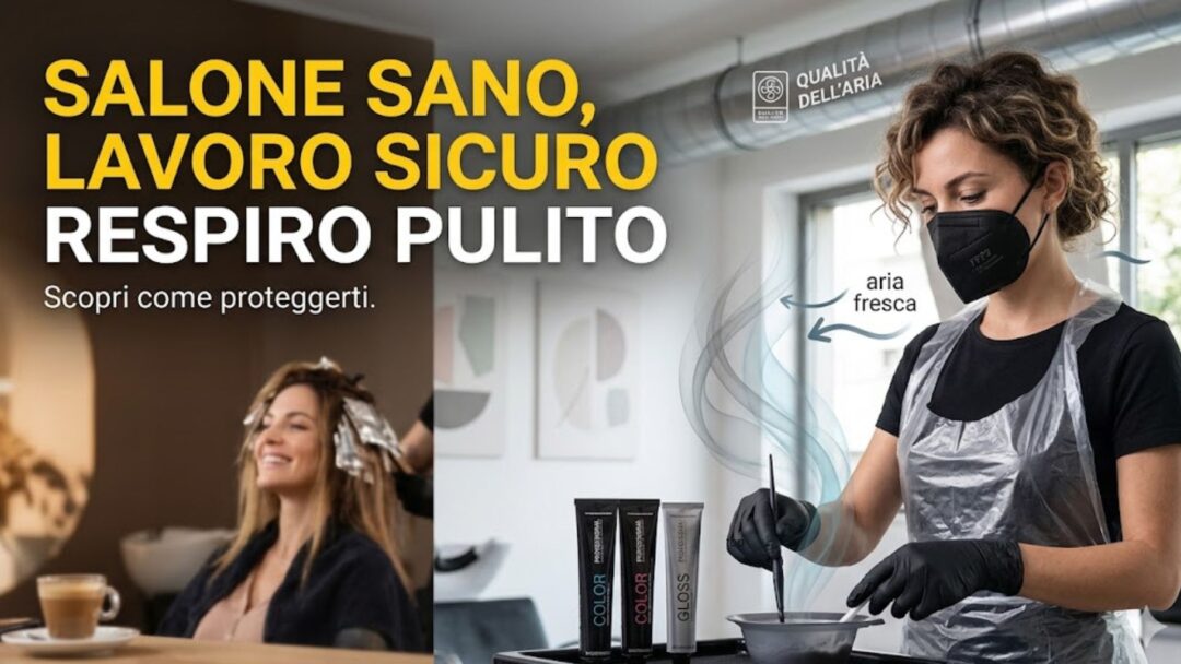 Immagine split che mostra a sinistra una cliente di parrucchiere felice con le meches e a destra una stilista protetta con mascherina FFP2 e guanti mentre mescola tinte. Sfondo di un salone moderno con tubazioni di aerazione a vista. Testo sovrapposto in alto a sinistra: "SALONE SANO, LAVORO SICURO, RESPIRO PULITO. Scopri come proteggerti." e a destra etichette grafiche: "QUALITÀ DELL'ARIA" e "aria fresca".