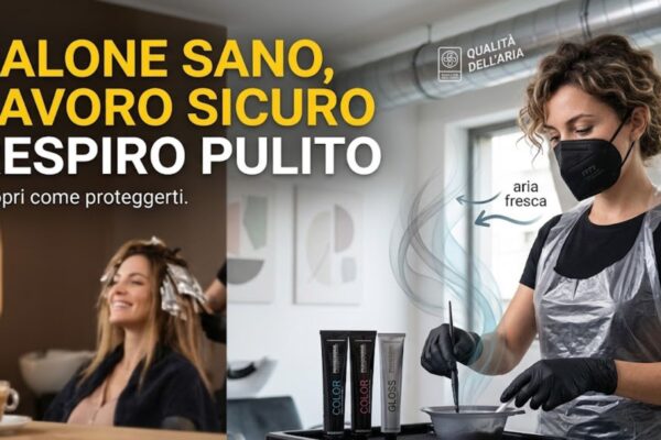 Immagine split che mostra a sinistra una cliente di parrucchiere felice con le meches e a destra una stilista protetta con mascherina FFP2 e guanti mentre mescola tinte. Sfondo di un salone moderno con tubazioni di aerazione a vista. Testo sovrapposto in alto a sinistra: "SALONE SANO, LAVORO SICURO, RESPIRO PULITO. Scopri come proteggerti." e a destra etichette grafiche: "QUALITÀ DELL'ARIA" e "aria fresca".