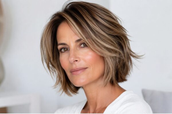 Donna over 40 con taglio corto texturizzato e balayage delicato, con sfumature leggere che danno profondità ai capelli e luminosità al viso.